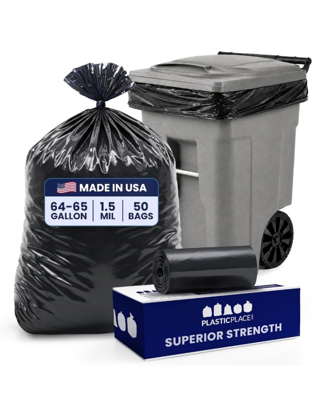 Heavy Duty Black Trash Bags - 64-65 Gallon, Puncture Resistant, 50 Count, Ideal